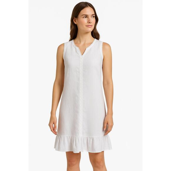 Terzo Millennio White Linen Notch Neck Lace‎ Ruffle Hem Shift Sleeveless Dress L - Picture 1 of 10